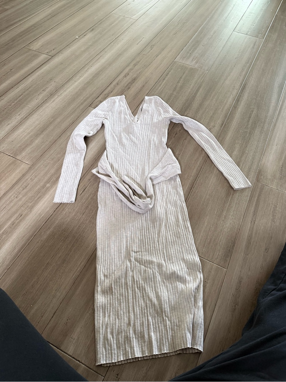 Fashion Nova Cream Ribbed V-Neck Long Sleeve Midi Dress